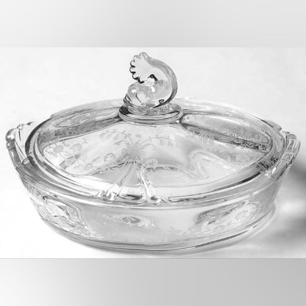 Heisey Glass Elegant Queen Ann Etched Orchid Lemon Dish with Dolphin Finial 1940